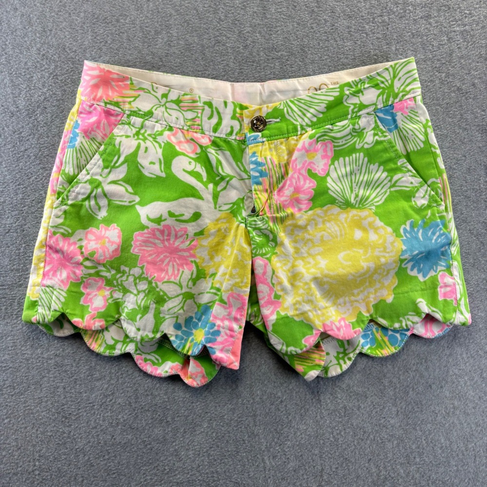 Lilly Pulitzer The Buttercup Short Women 00 Green Floral Scalloped Hem Cotton